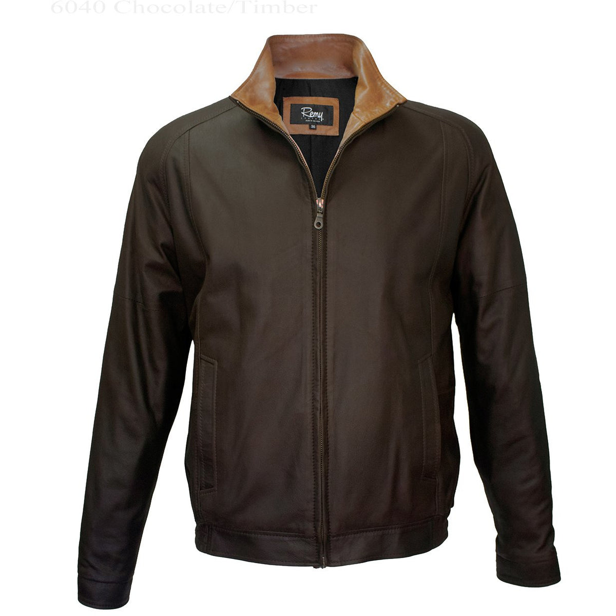 6040 - Mens Single Collar Leather Bomber Jacket in Chocolate